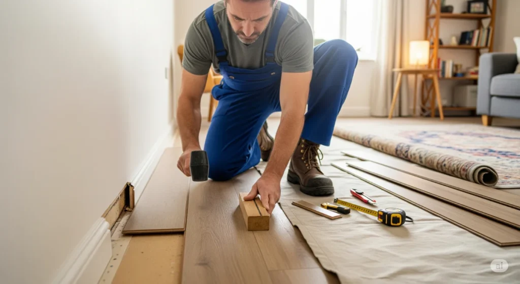 Handyman fixing a failed laminate floor installation in Totterdown, Bristol