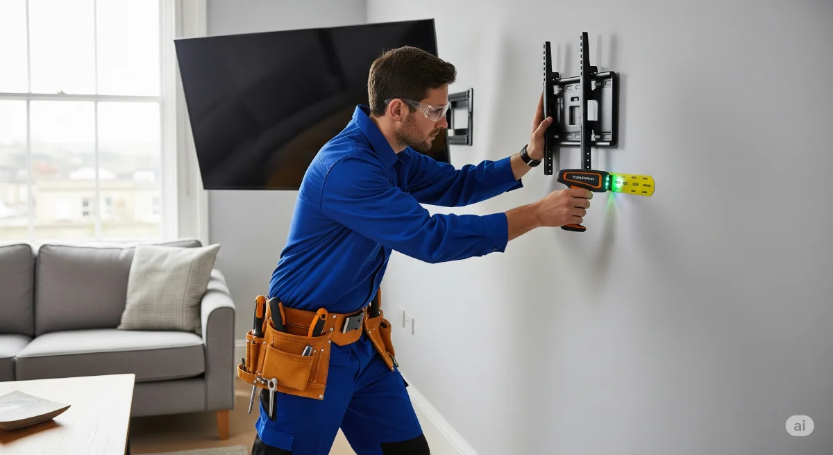 Welling specialist installing soundbar and shelf beside mounted TV