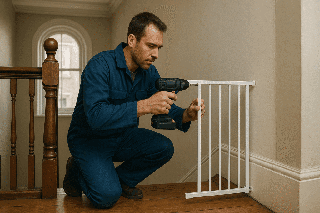 Handyman installing a toddler safety gate at the top of stairs in a Bristol home, blue workwear
