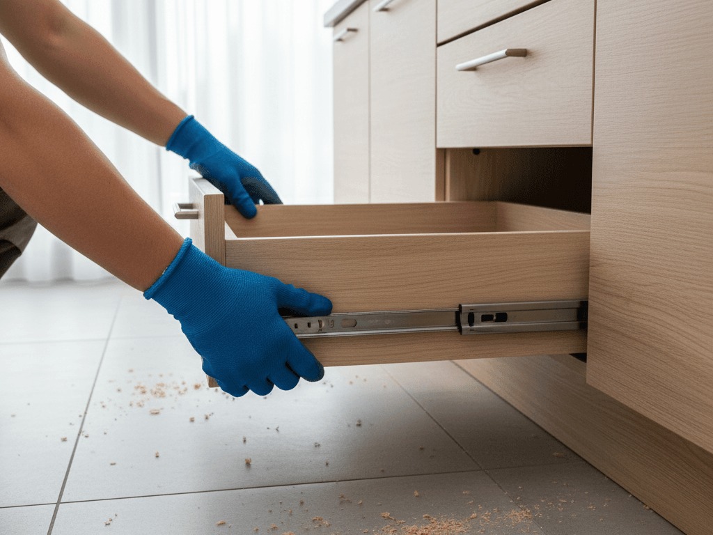 Handyman fixing a loose kitchen drawer in a Bristol home, blue workwear
