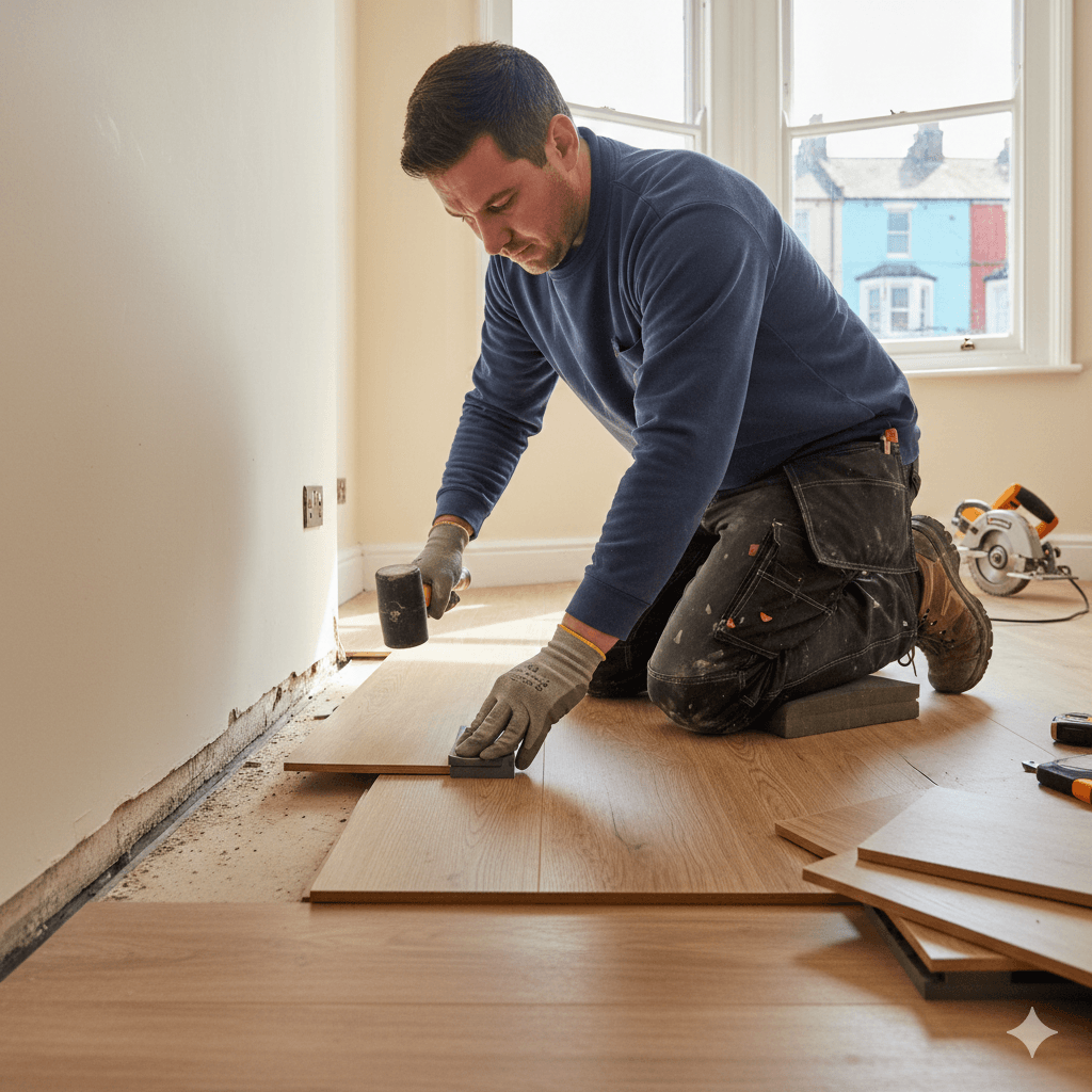 Handyman installing laminate flooring in a living room in Bristol, blue workwear