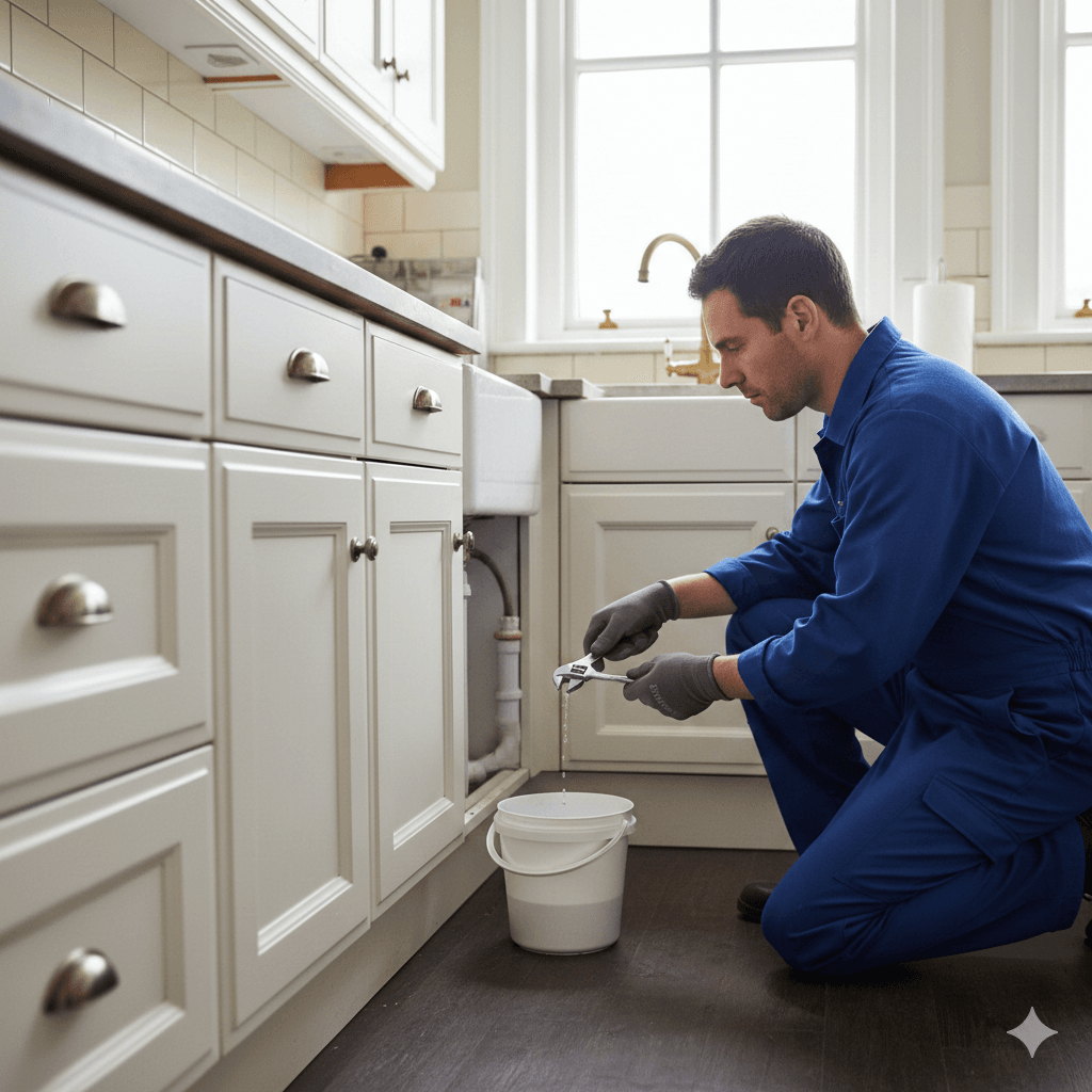 Handyman fixing a leaking tap in a Bristol home, blue workwear