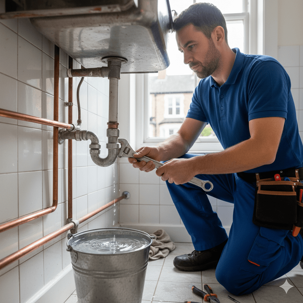 Handyman fixing a leaking tap under the sink in a Bristol home, blue workwear