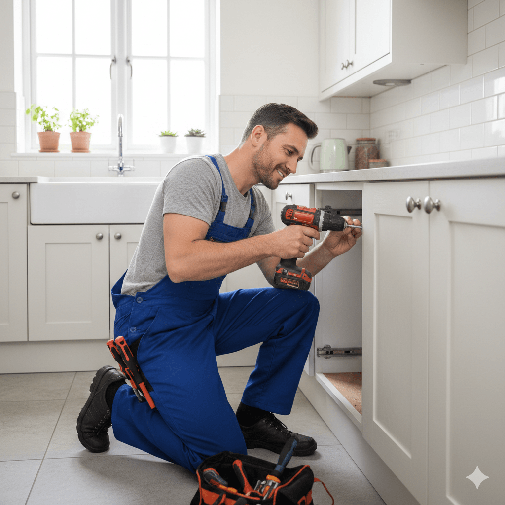 Handyman fixing a loose kitchen drawer in a Bristol home, blue workwear