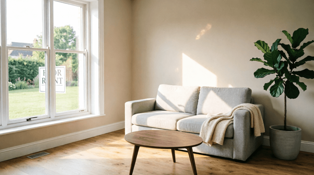 Bright, clean interior of a Bristol rental property ready for summer viewings, featuring fresh paint and new flooring.