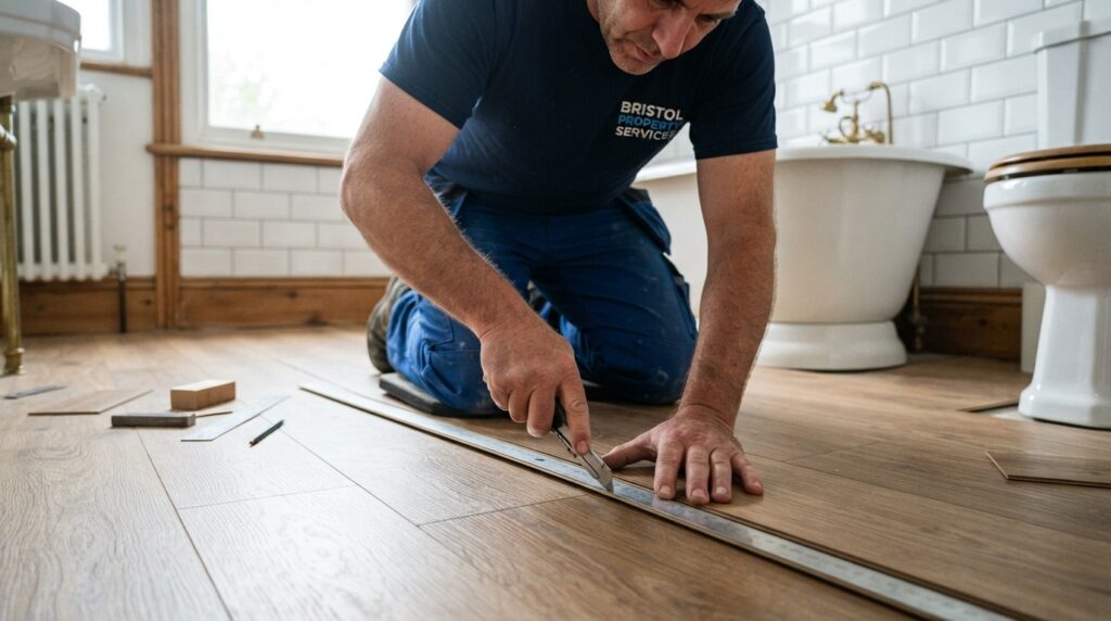 Professional handyman installing bathroom vinyl flooring in a Bristol Victorian home
