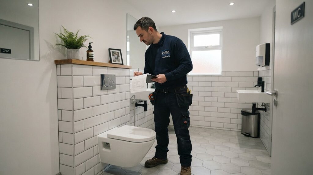 Professional handyman inspecting a cafe toilet for budget refurbishment in Bristol