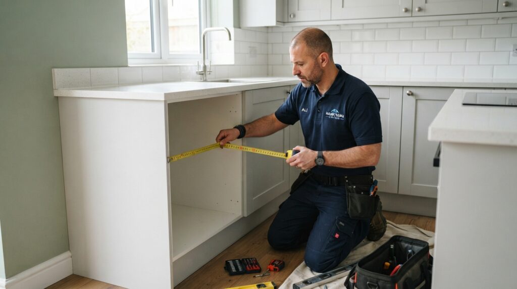 Professional handyman measuring space for dishwasher installation in a tight Bristol kitchen.