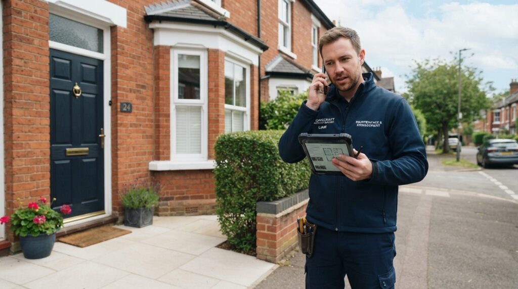 Professional handyman managing landlord maintenance Bristol remotely outside a rental property.