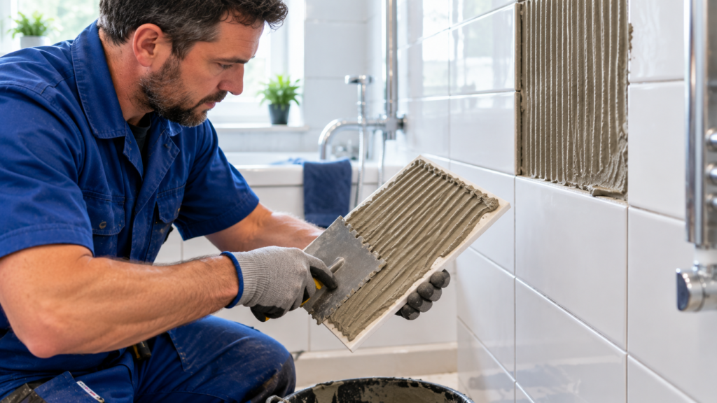 Professional loose bathroom tile repair in Bristol, showing adhesive application on a ceramic wall tile.