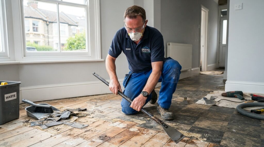 Professional handyman removing glued vinyl flooring in a Bristol home