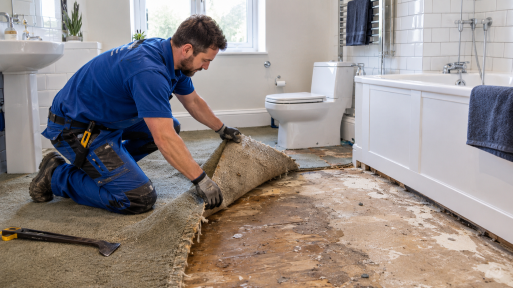 Handyman replacing bathroom carpet with luxury vinyl flooring in a Bristol home.