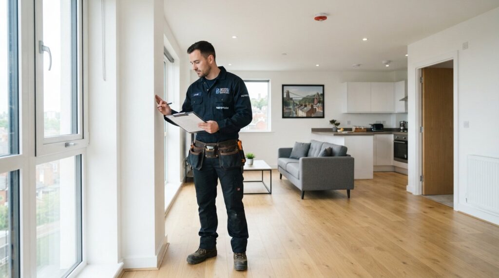 Handyman inspecting a rental property with a tenant turnaround checklist in Bristol